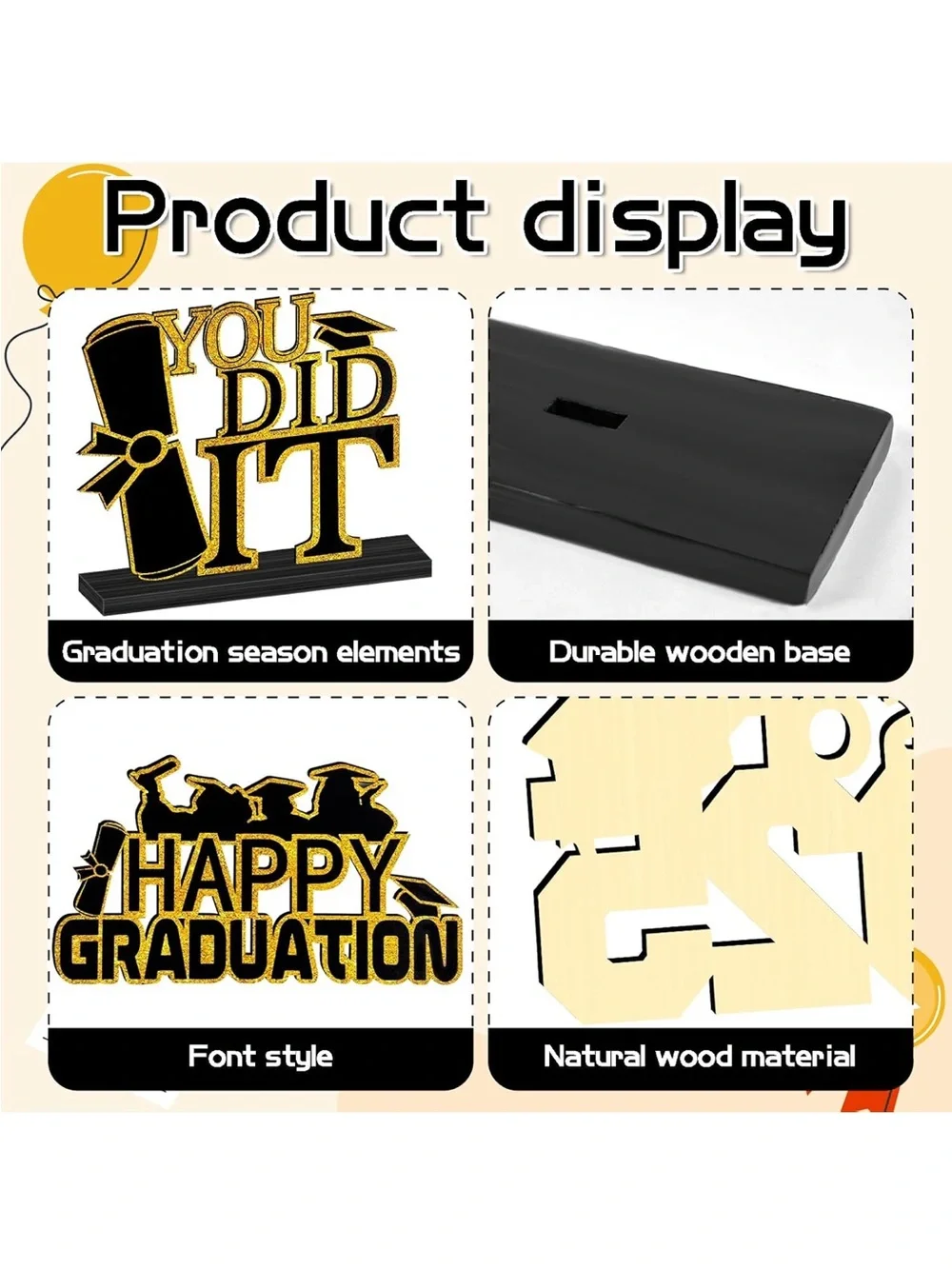 Black & Gold Graduation Tabletop Sign Set - Class of 2026 Decor set of 16